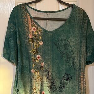 Women's Green V-Neck Floral Print Top